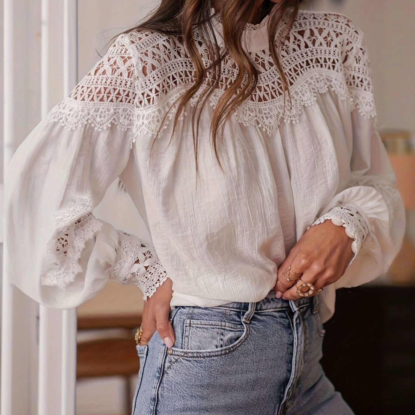 Women's Elegant Floral Lace Cotton And Linen High Collar Top