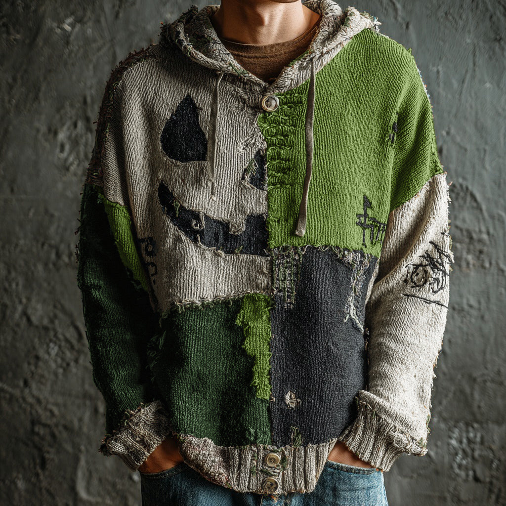 Men's Halloween Pumpkin Face Colorblock Stitched Cozy Knit Hooded Sweater