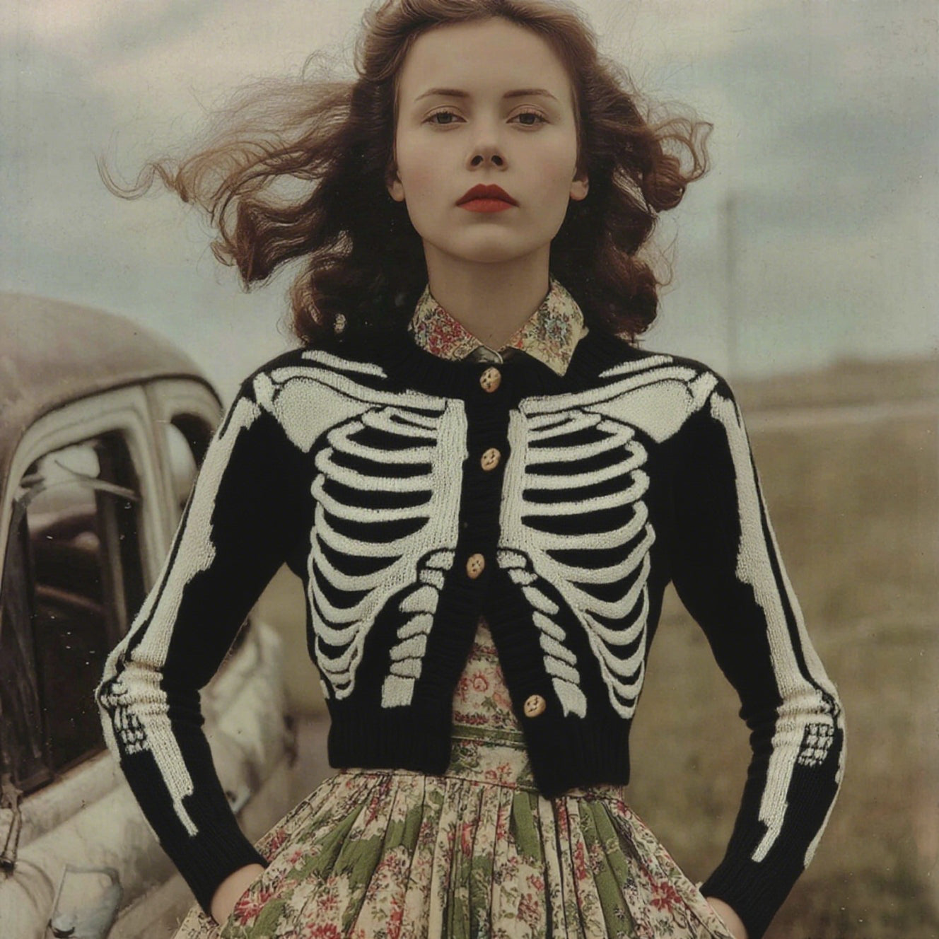 Women's Vintage Skull Ribs Pattern Cozy Knit Sweater Cardigan