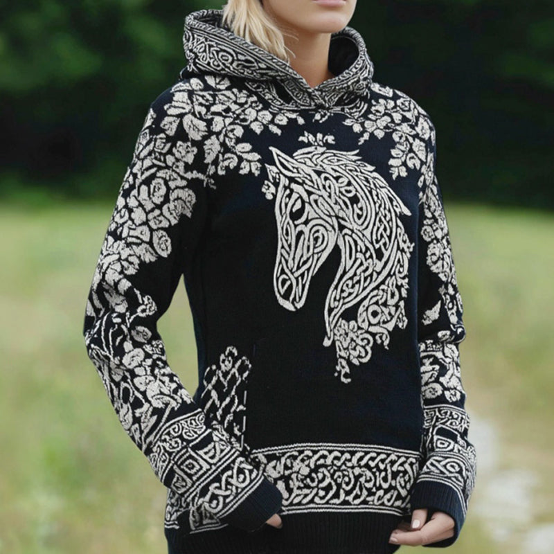 Women's Retro Celtic Horse And Floral Pattern Comfortable Hooded Sweater