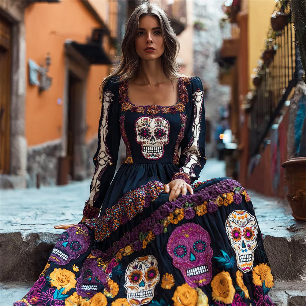 Mexican Skull Floral Embroidered Women's Long-sleeved Flowing Maxi Dress