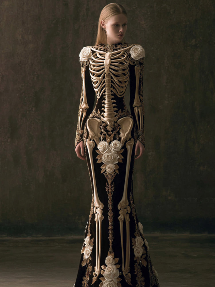 Women's Halloween Retro Anatomy Art And Flower Black Velvet Long Dress