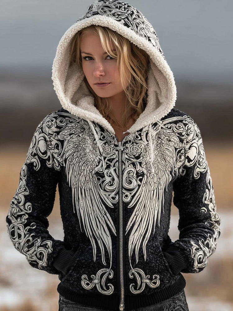 Women's Retro Casual Viking Wings Print Hooded Cardigan
