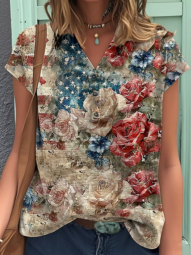 Women's Vintage Independence Day Flag Floral Print Button-down Shirt