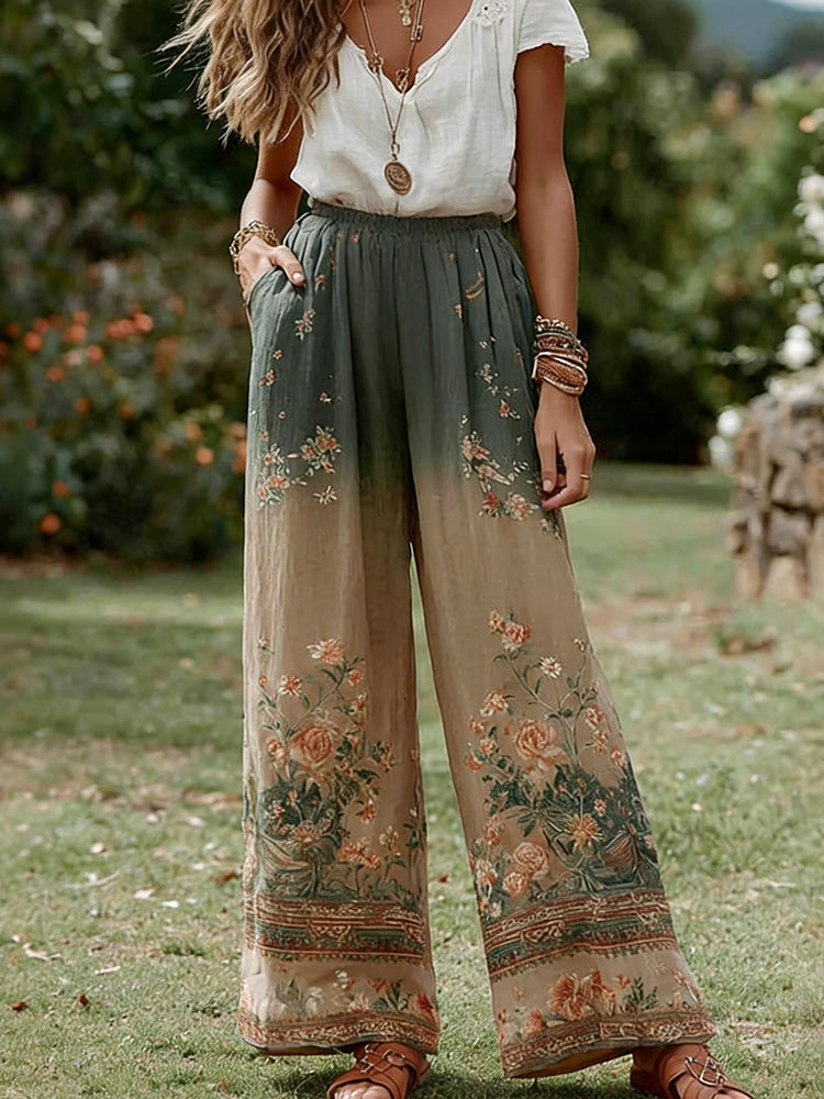 Women's Retro Bohemian Floral Patchwork Linen Trousers