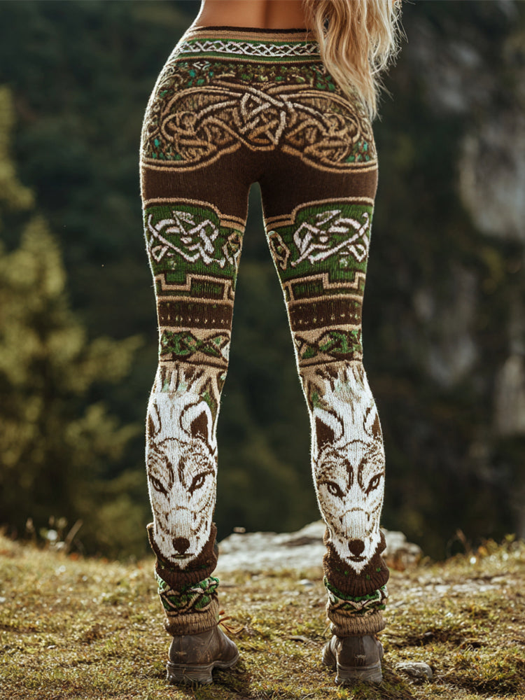 Vintage Viking Celtic Knot & Wolf Totem Women's Knit Leggings