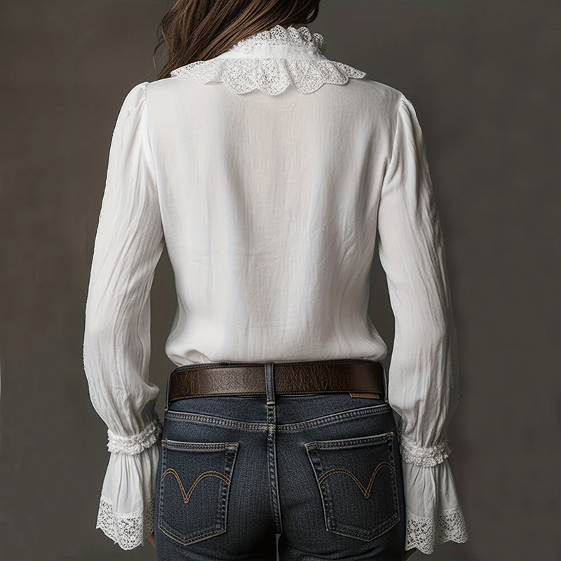 Women's Retro Lace Cotton And Linen Long-sleeved Shirt