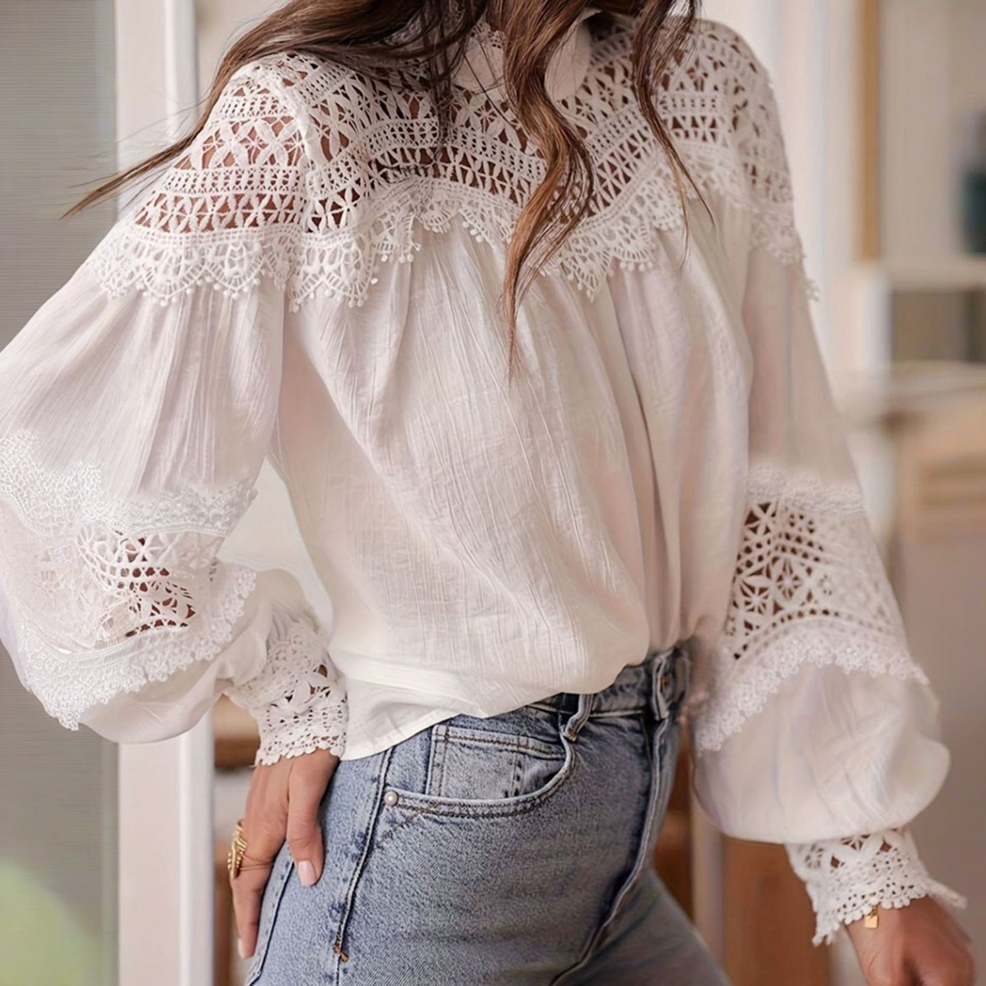 Women's Elegant Floral Lace Cotton And Linen High Collar Top