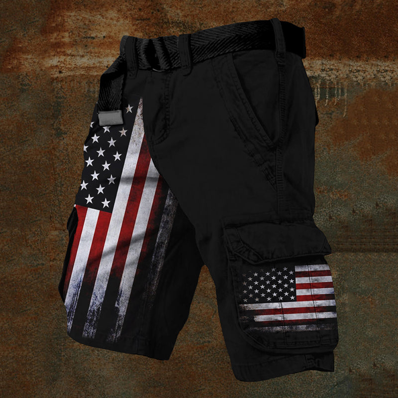 Men's American Flag Print Vintage Cargo Shorts