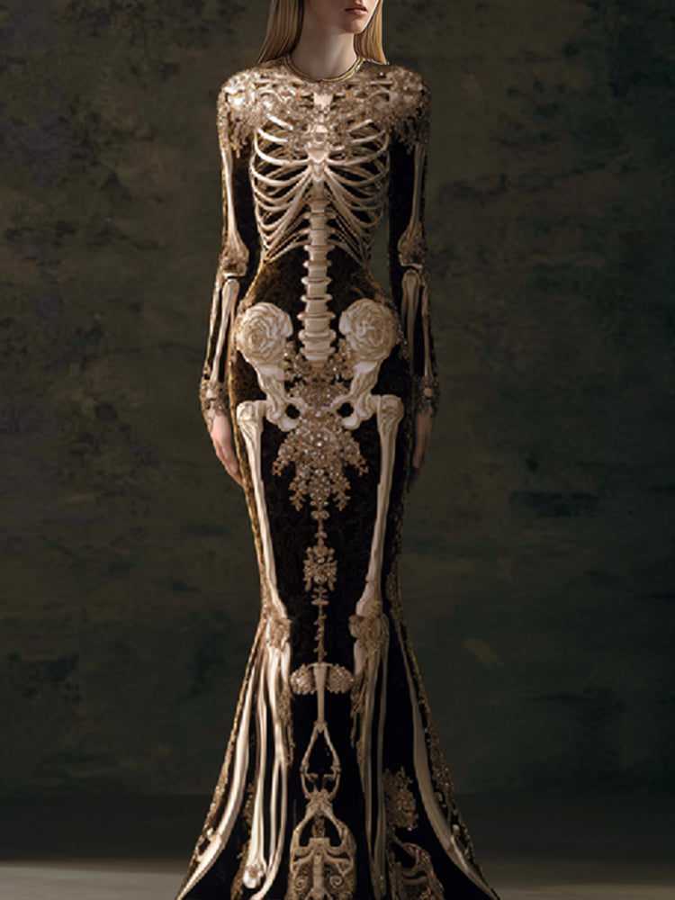 Women's Halloween Retro Human Anatomy Art And Flower Gothic Knight Style Velvet Long Dress