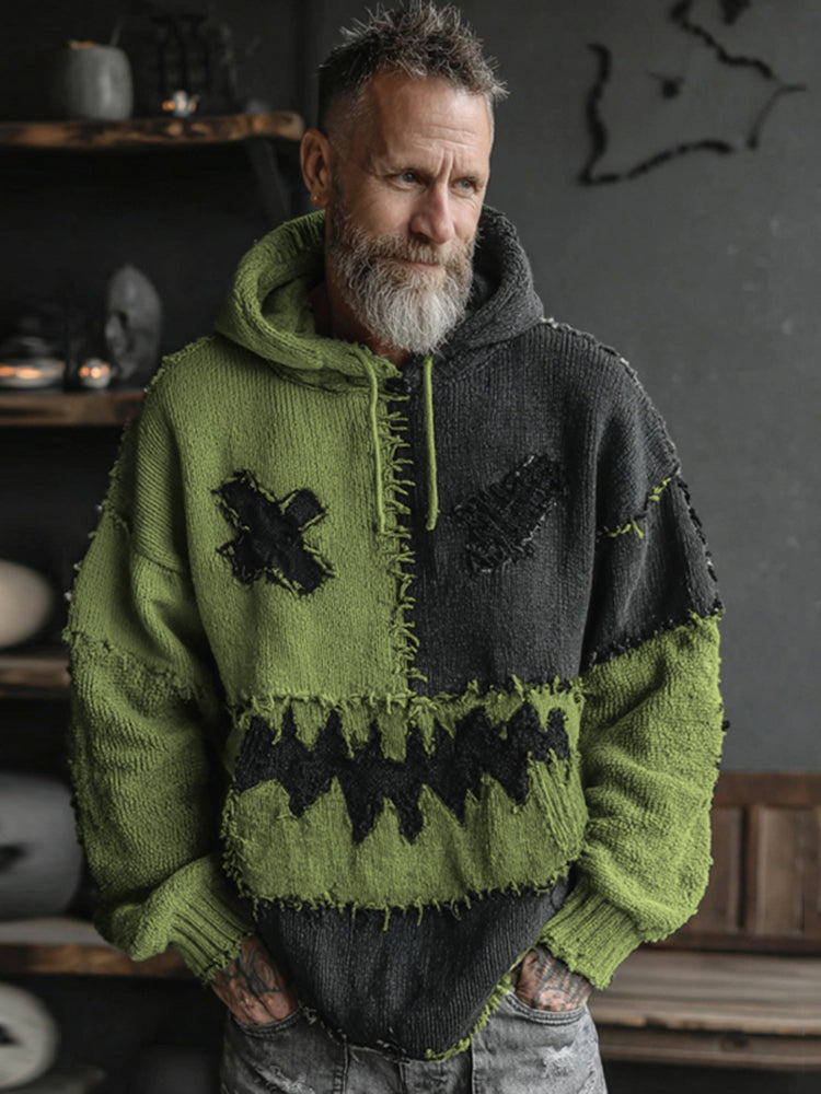 Men's Halloween Spooky Face Colorblock Stitched Hooded Cozy Knit Sweater