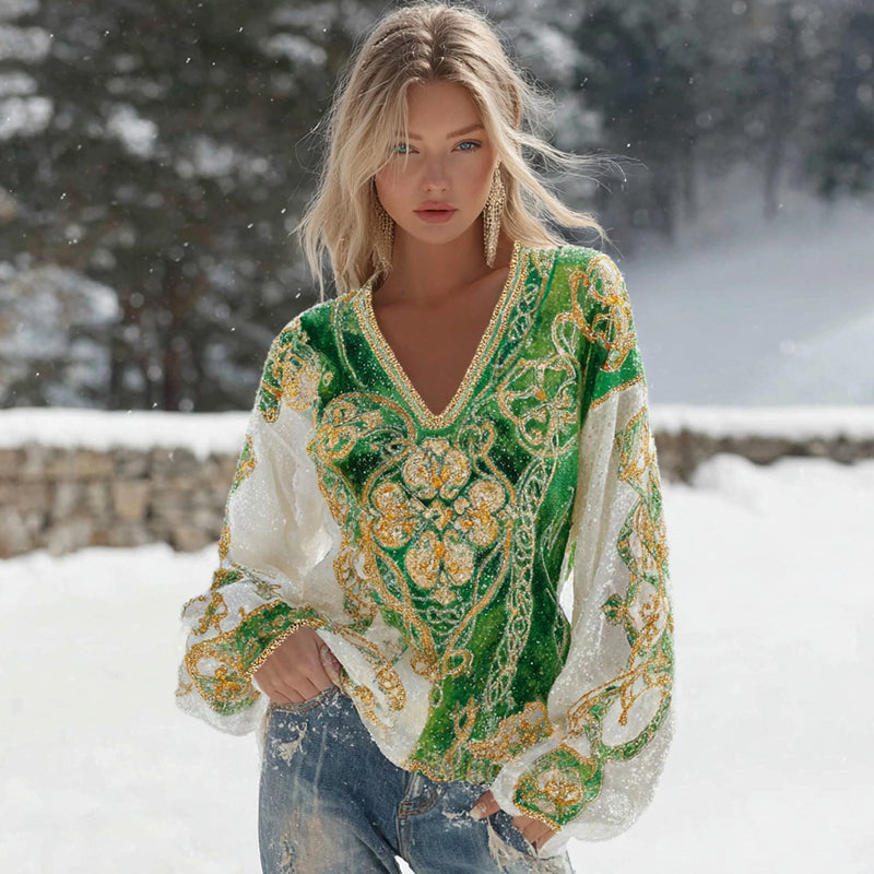 Women's Retro Irish Clover Pattern Casual Cotton Linen Shirt