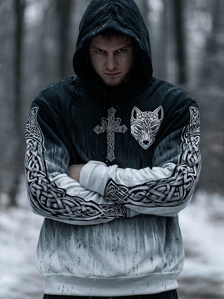 Vintage Viking Style Snow Wolf Print Men's Hooded Sweatshirt