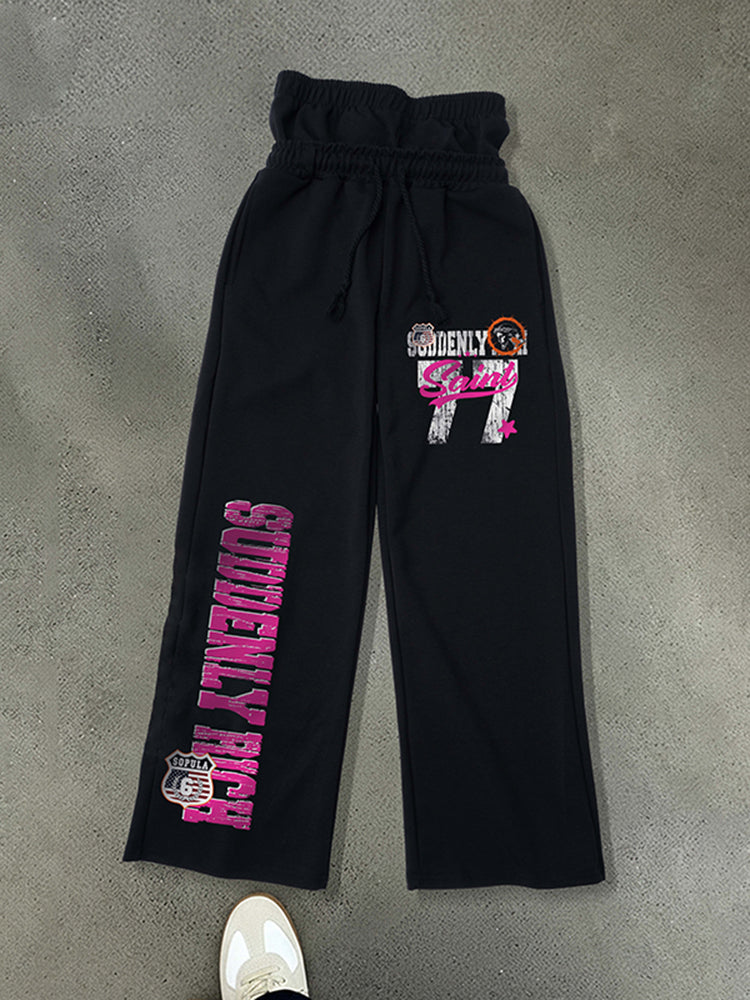 Hip-hop Sporty Pattern Double Waistband Design Sweatpants
