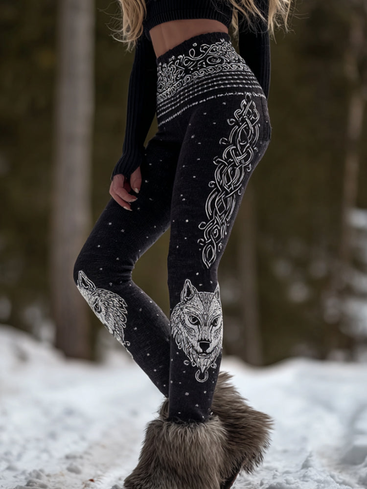 Women's Viking Wolf Head Celtic Knot Black And White Comfortable Leggings