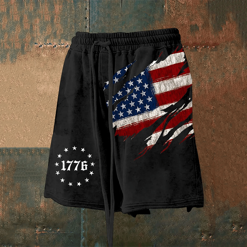 Men's Retro Distressed American Flag Print Loose Casual Shorts