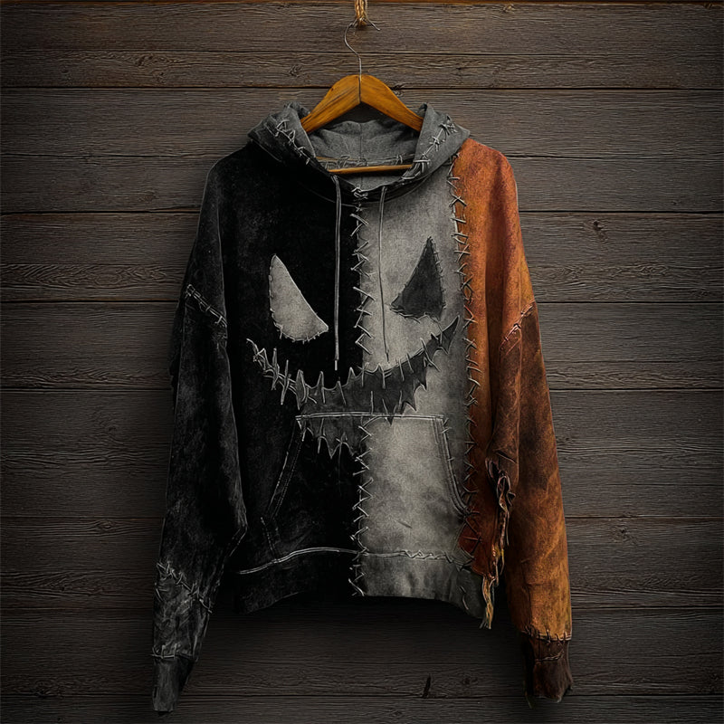 Halloween Spooky Face Contrast Colorblock Patchwork Hoodie