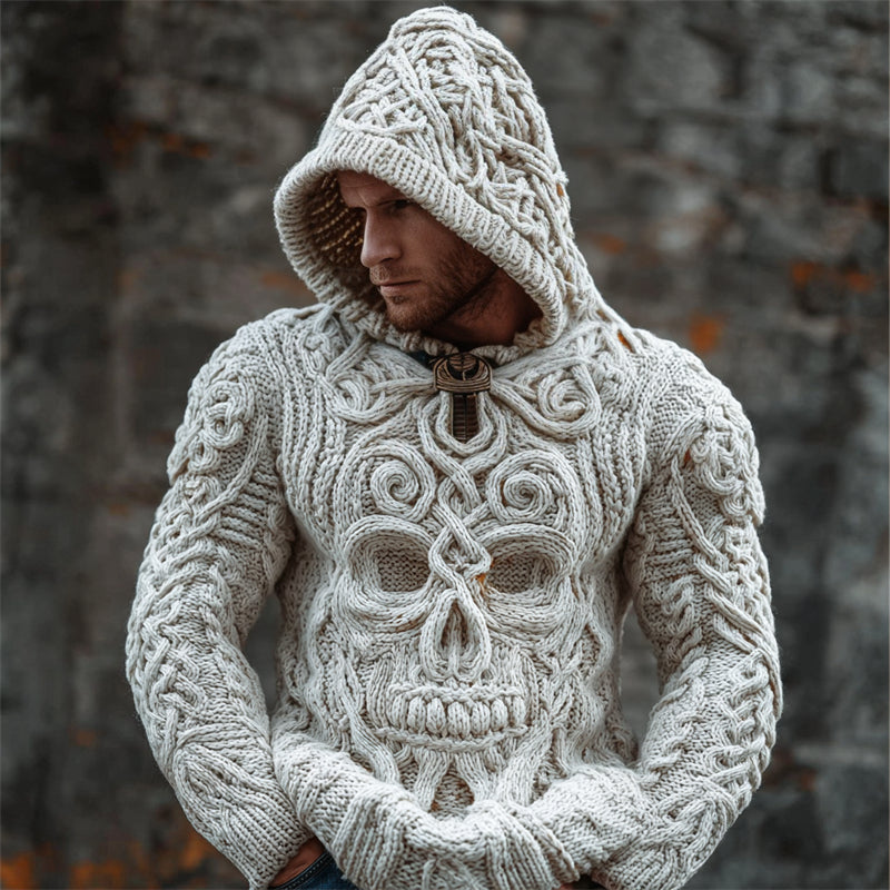 Men's Vintage Celtic Skull Chunky Cozy Knit Hooded Sweater