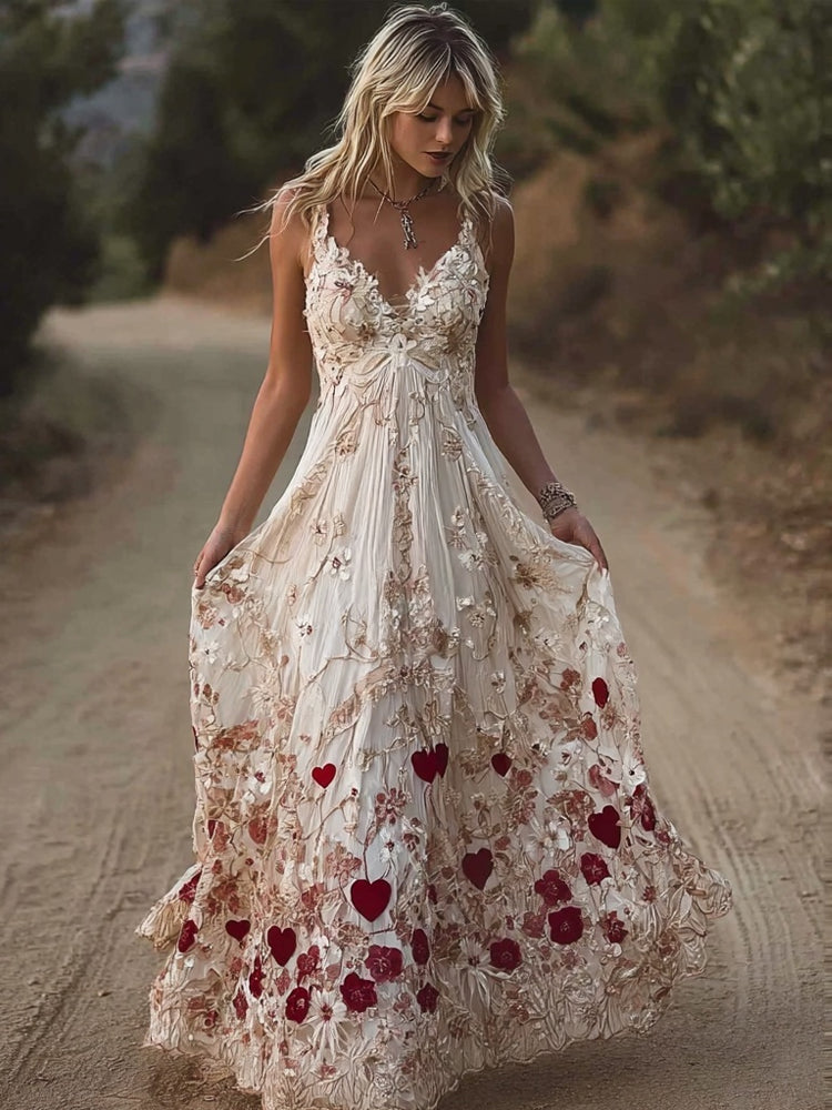 Valentine's Day Hearts & Flowers Embroidered Lace Cami Maxi Dress