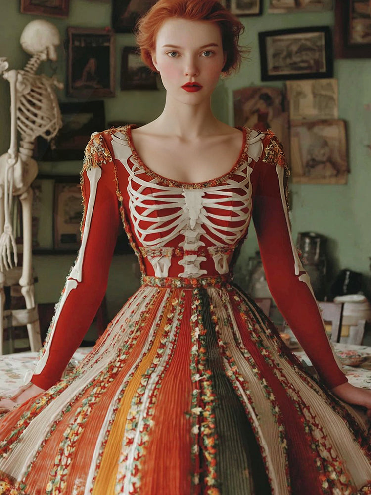 Women's Retro Skull And Ethnic Floral Pattern Casual Round Neck Dress