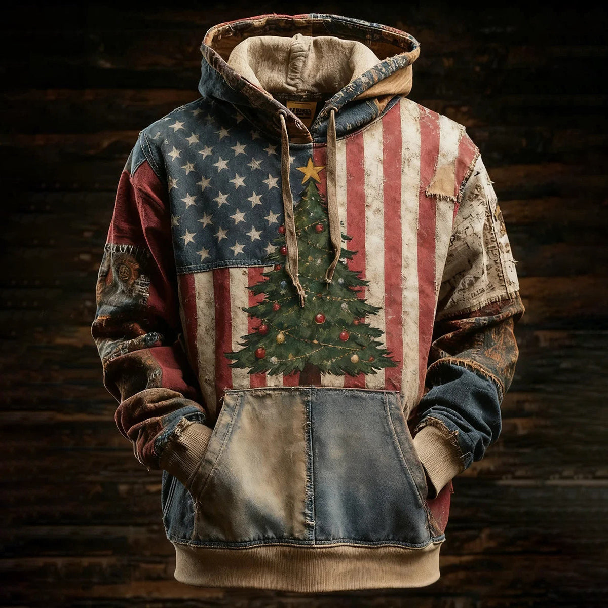 Men's Retro American Flag Christmas Tree Hoodie
