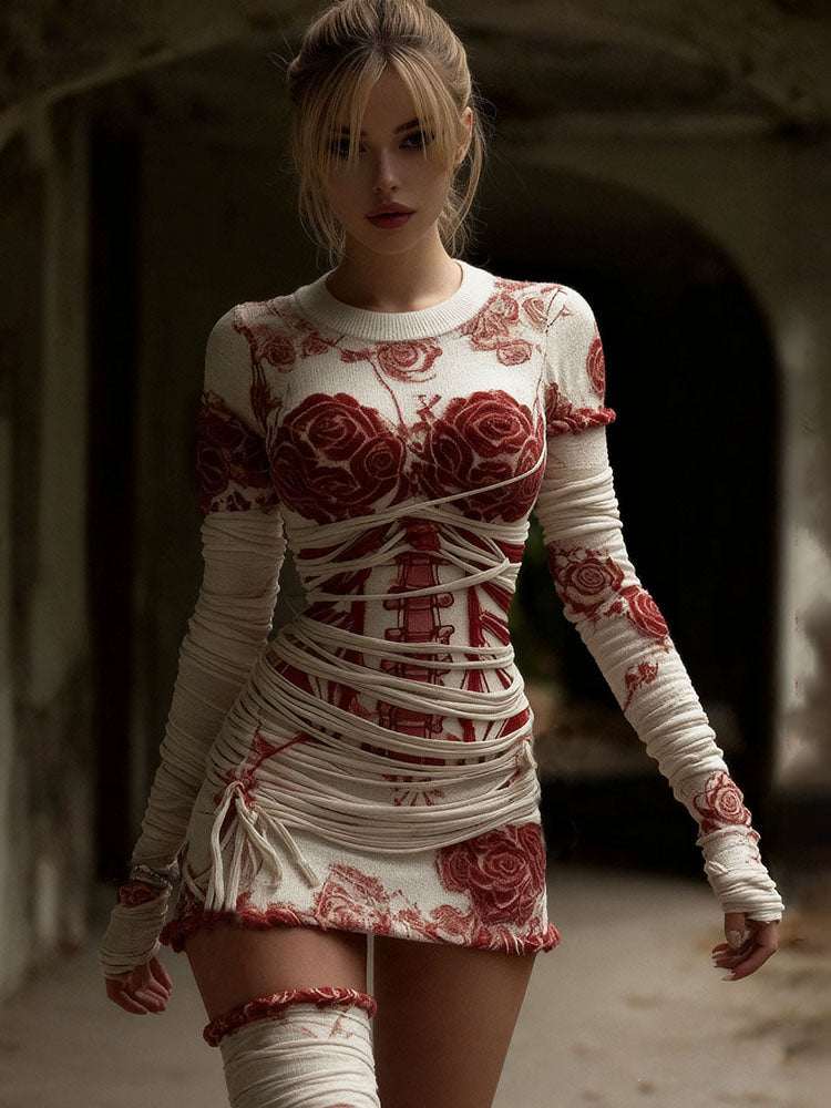 Women's Vintage Skeleton Red Rose Pattern Cozy Knit Mini Sweater Dress