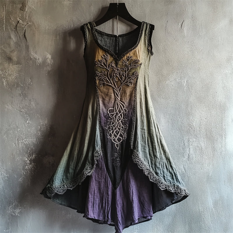 Vintage Tree Of Life Lace Hem Gradient Linen Dress