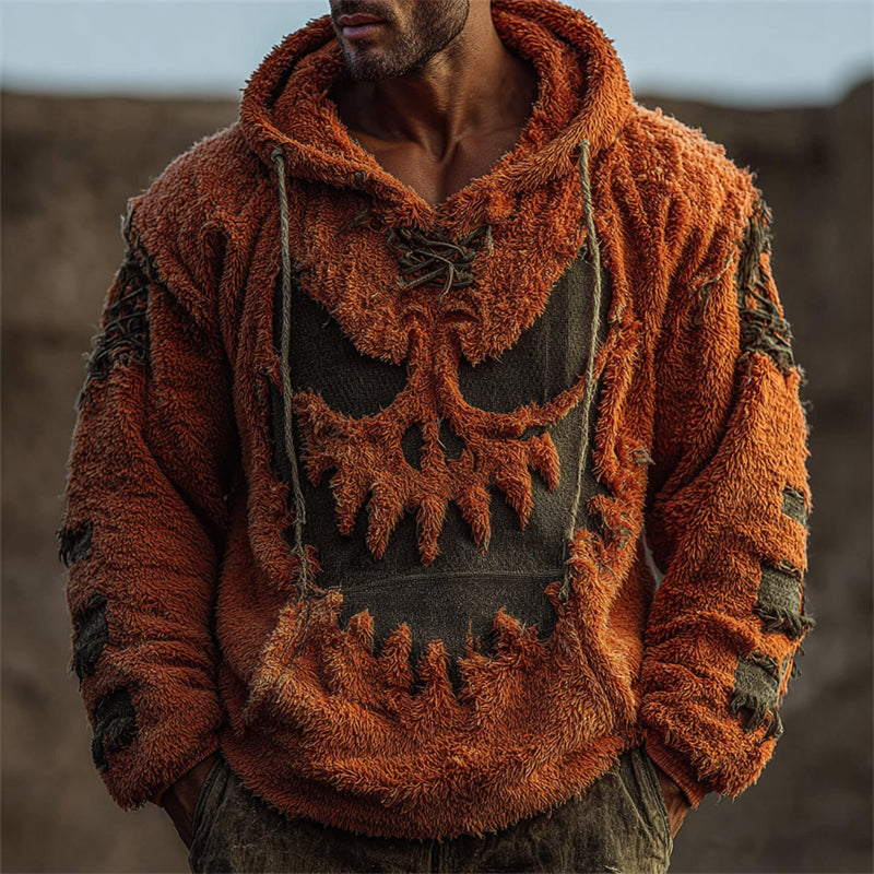 Men's Halloween Evil Pumpkin Face Distressed Cozy Plush Hoodie