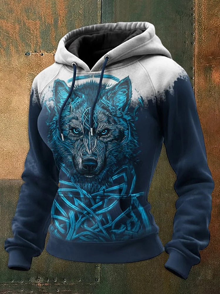 Women's Viking Wolf Print Casual Hoodie