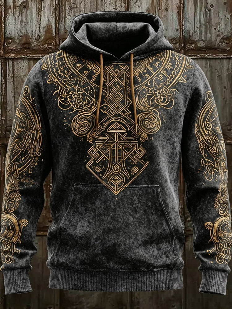 Men's Vintage Viking Inspired Pattern Washed Cozy Hoodie
