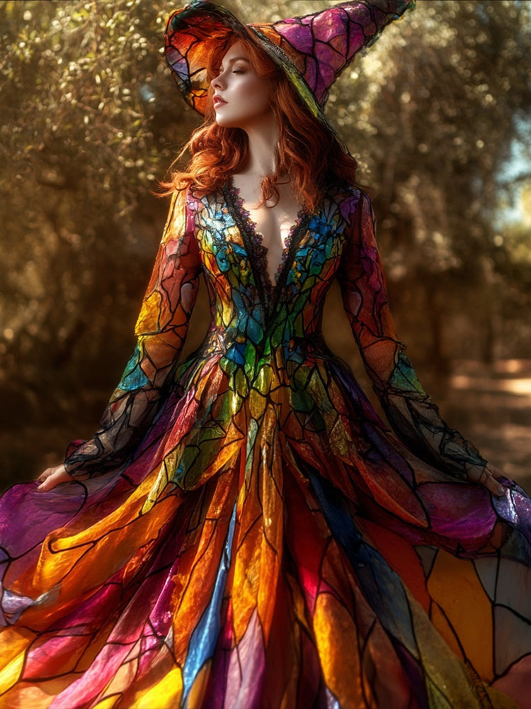 Vintage Stained Glass Inspired V Neck Flowy Maxi Dress