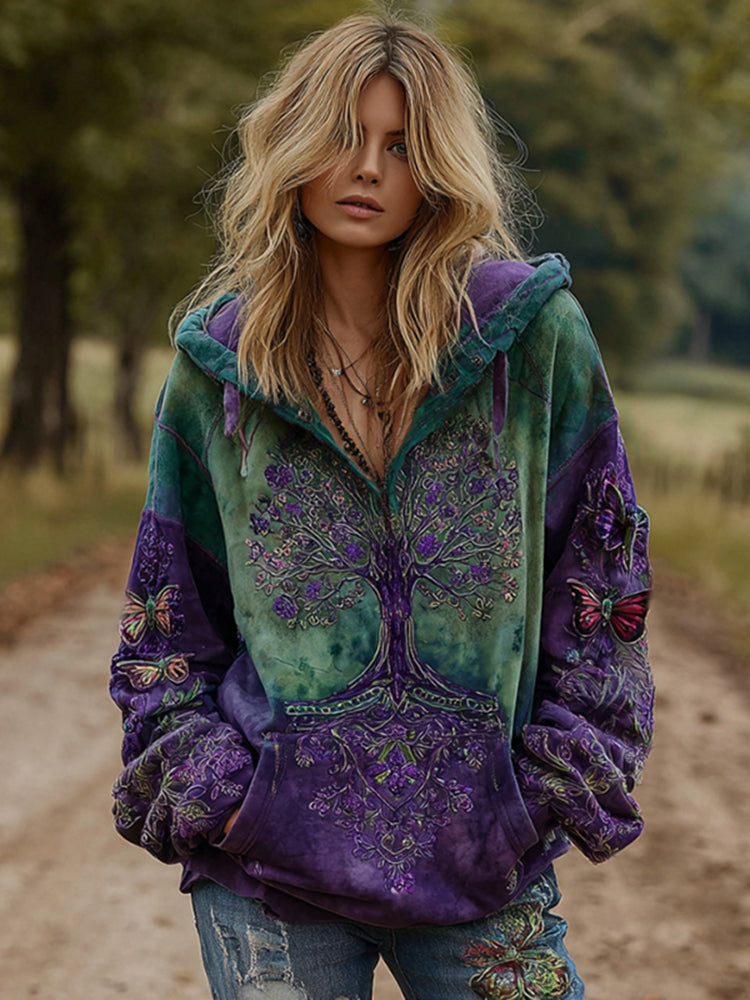 Women's Vintage Viking Tree Of Life Gradient V-neck Casual Hoodie