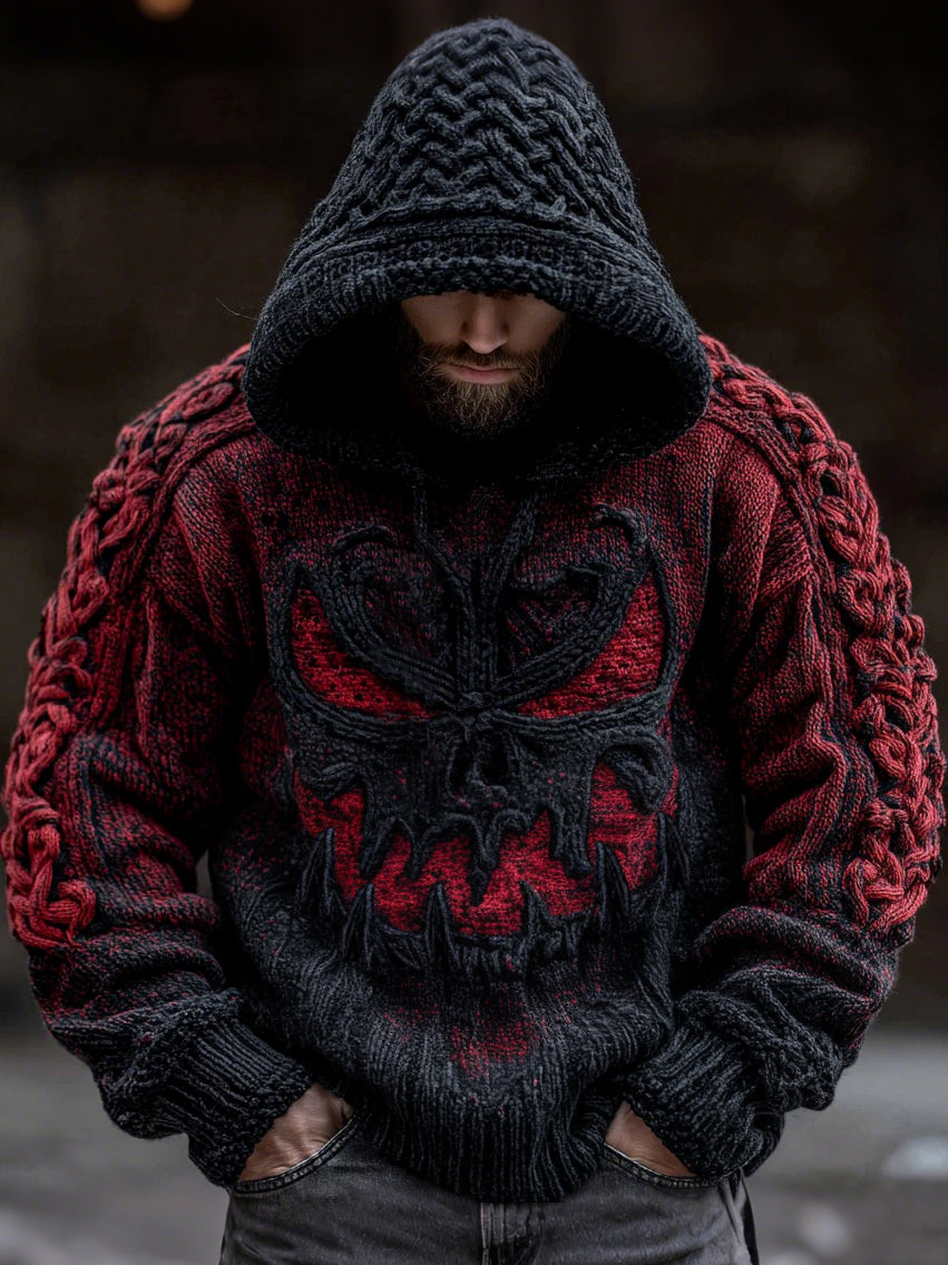 Men's Viking Devil Face Celtic Knot Jacquard Knit Hooded Sweater