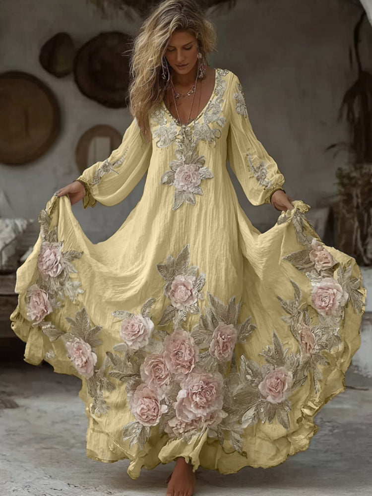 Women's Vintage Pink Floral Embroidery Art Comfy Linen Maxi Dress