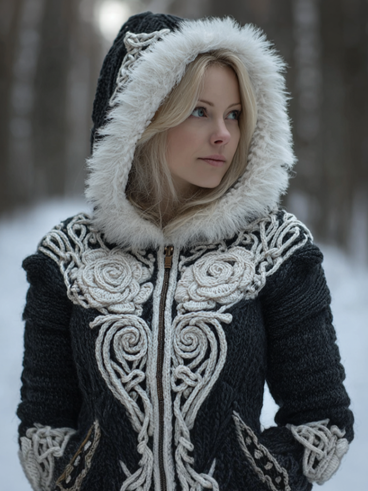 Viking Retro Rose Women's Knit Hooded Sweater Jacket