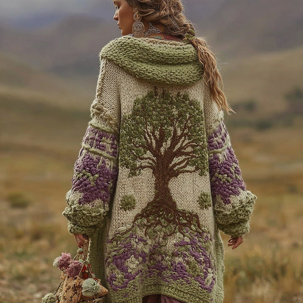 Women's Vintage Viking Tree Of Life And Floral Pattern Knitted Cardigan Sweater
