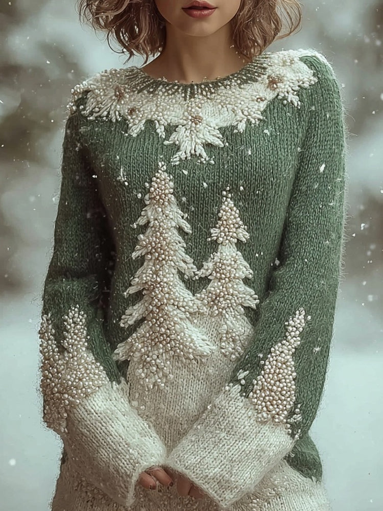 Vintage Christmas Trees Beads Embroidered Comfy Sweater Dress