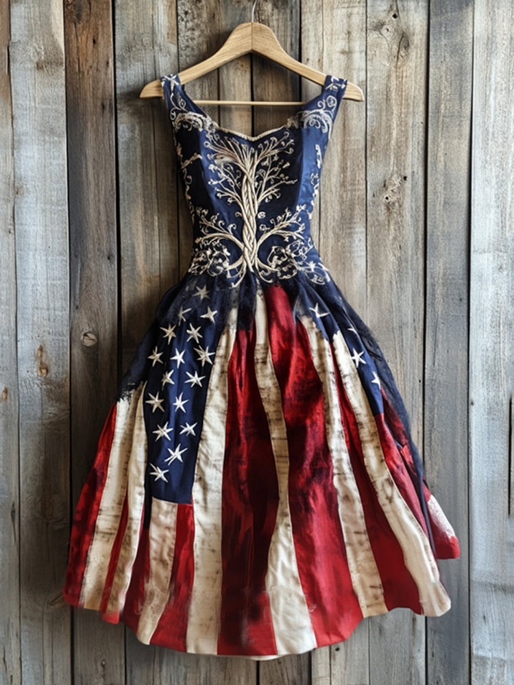 Vintage Boho Independence Day With Life Of Tree Art Embroidered Cozy Linen Midi Dress