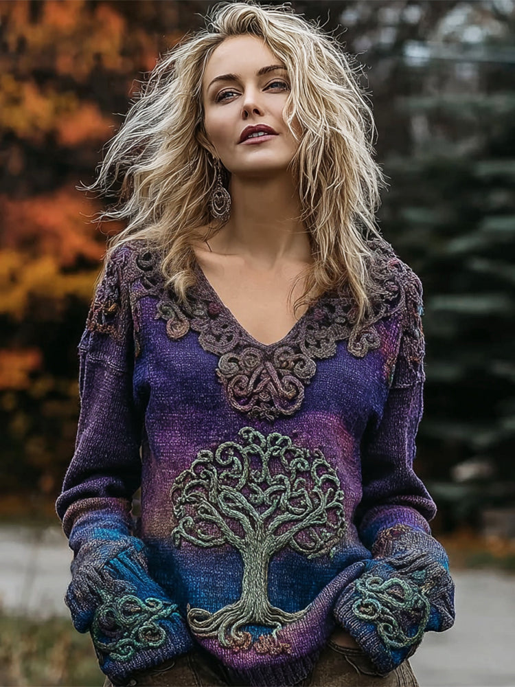 Viking Tree Of Life Knit Embroidered Women's V-neck Sweater