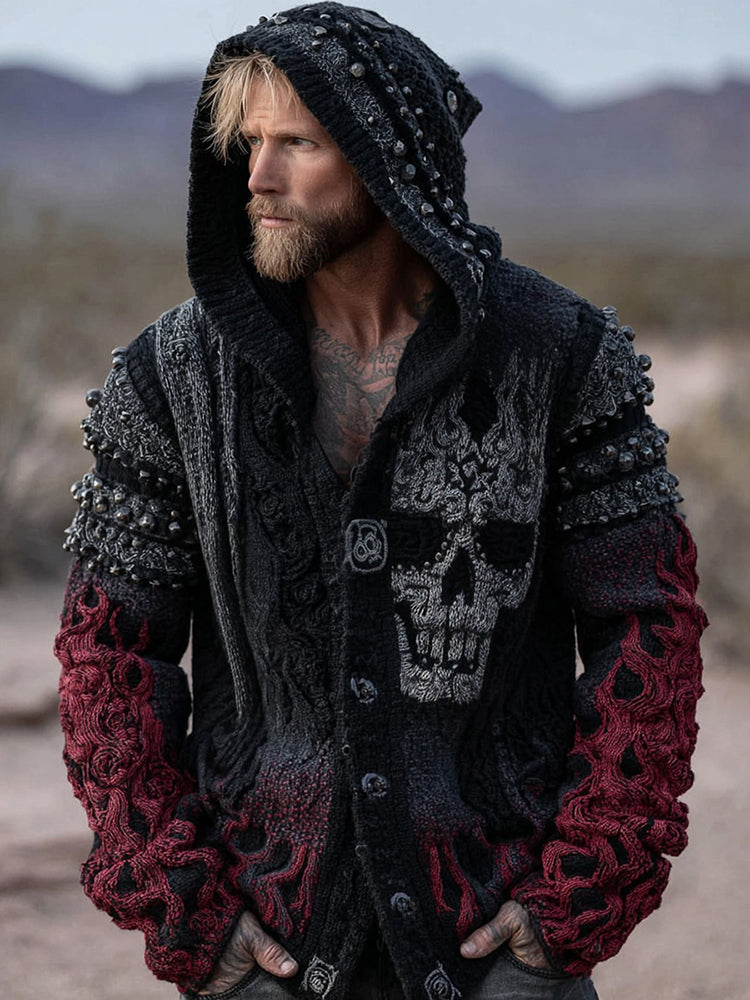Men's Retro Skull And Flame Inspired Knitted Buttons Hooded Cardigan