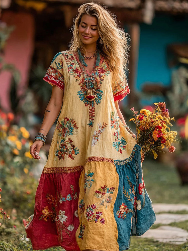 Women's Ethnic Floral Patchwork Linen Short-sleeved Dress