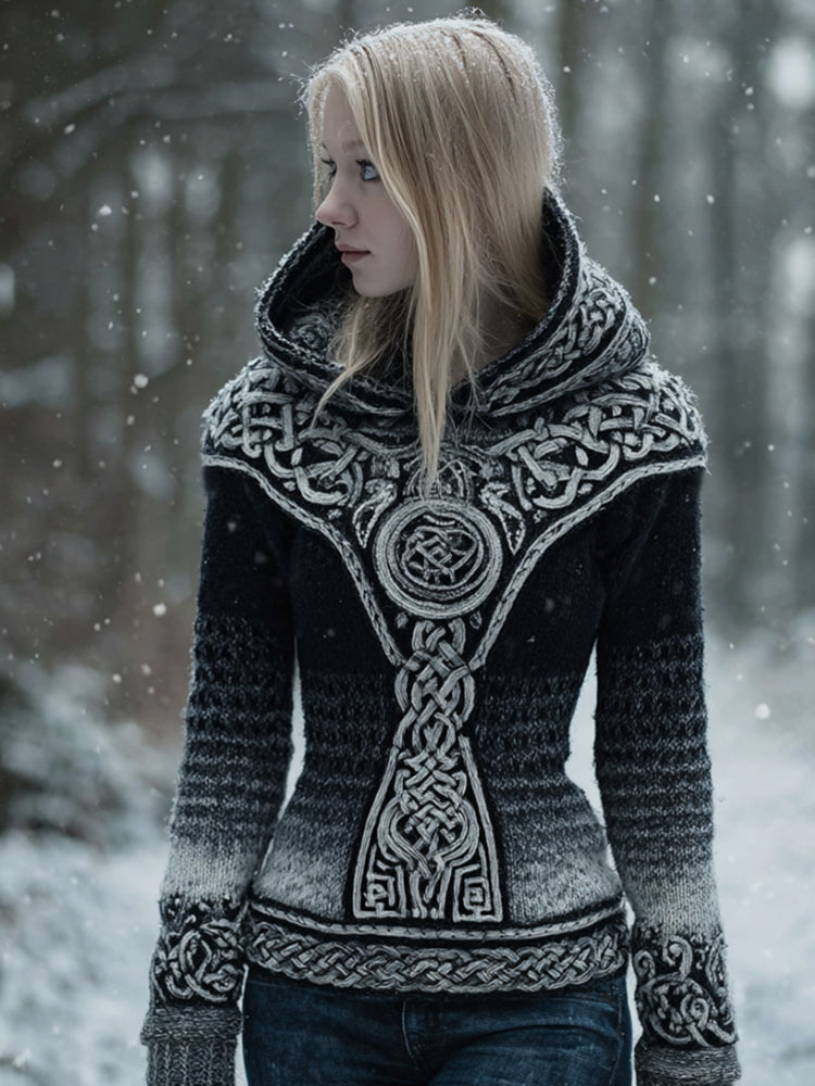Viking Style Gradient Black And White Celtic Knot Hooded Sweater