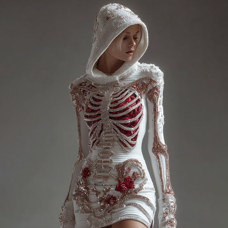 Women's Skeleton Roses Bandages Art Knit Hooded Mini Sweater Dress