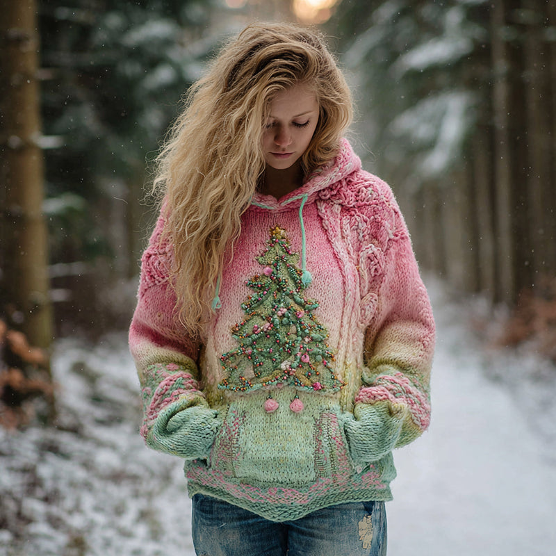 Pearl Christmas Tree Gradient Warm Hooded Sweater