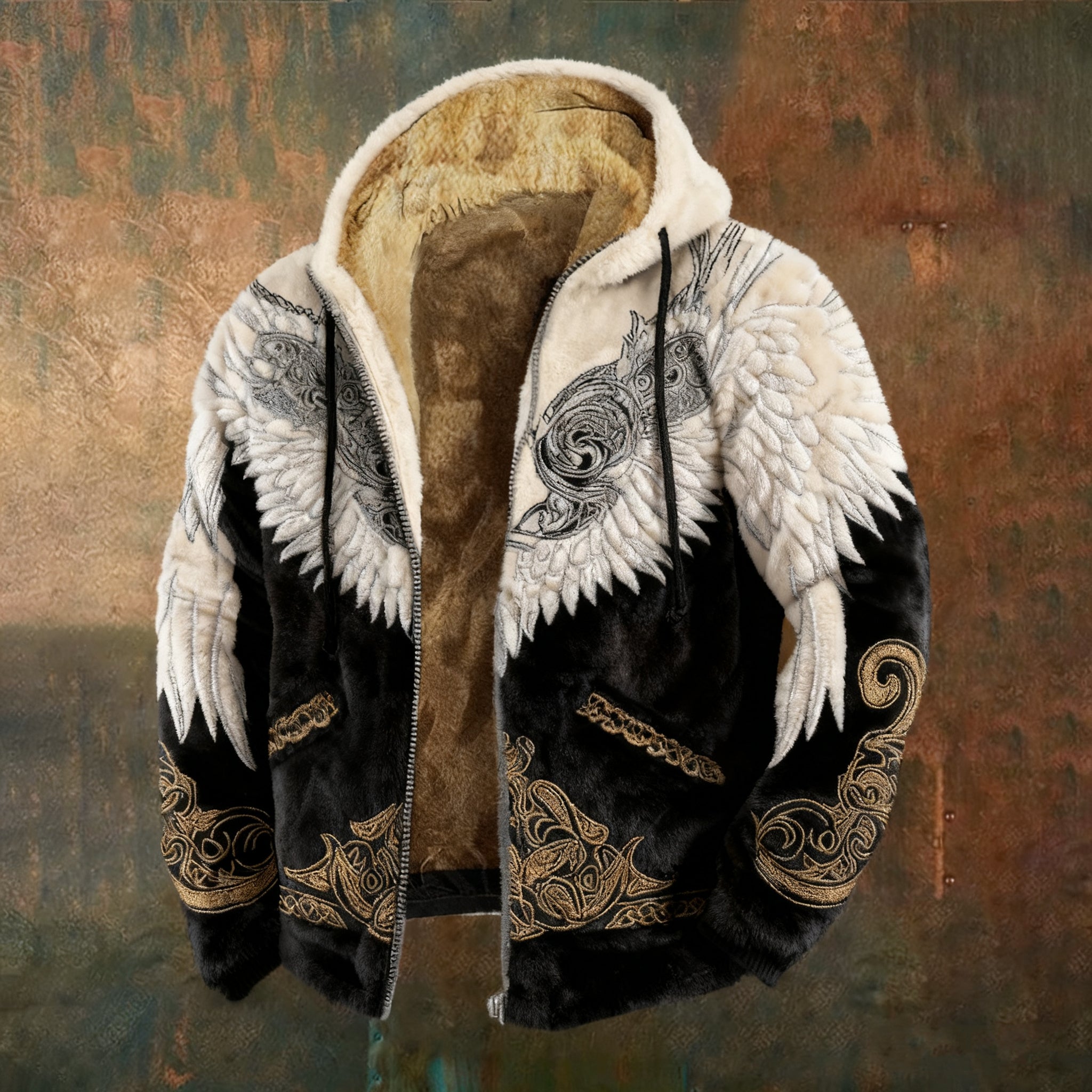 Men's Retro Celtic Knot Wings Color Block Pattern Plush Zip-up Jacket