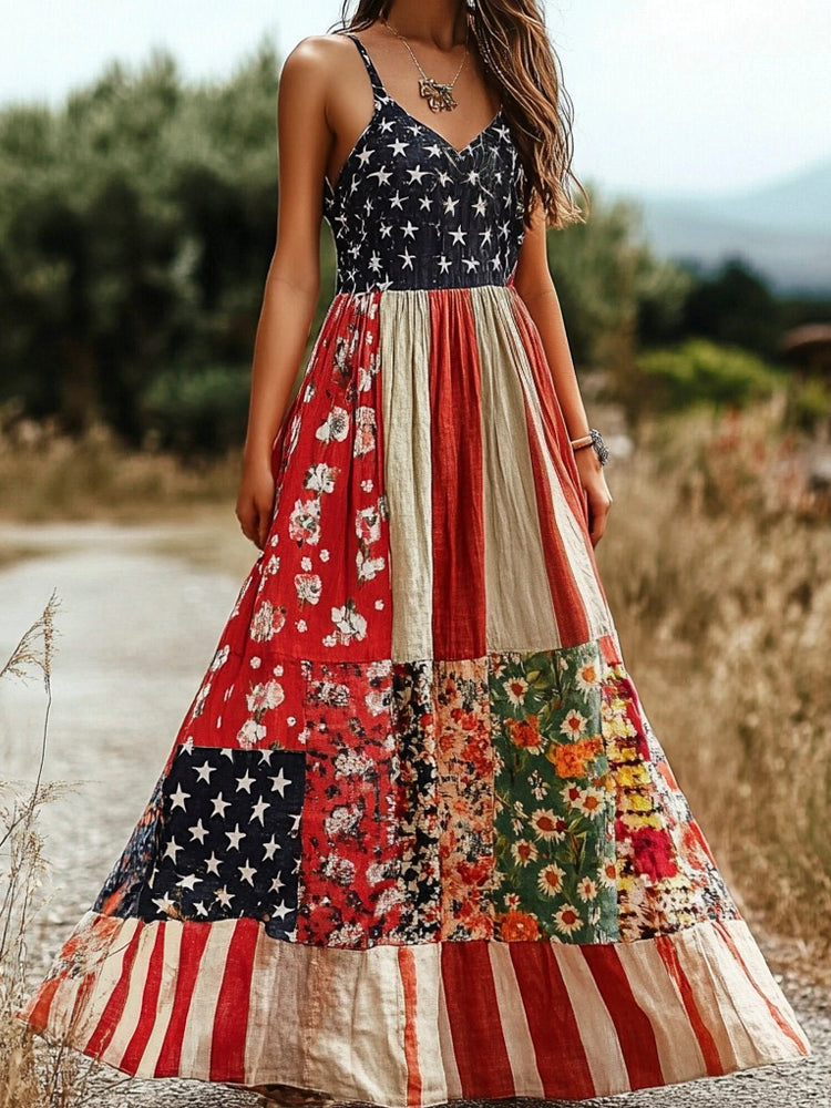 American Flag Vintage Boho Floral Women's Linen Slip Dress