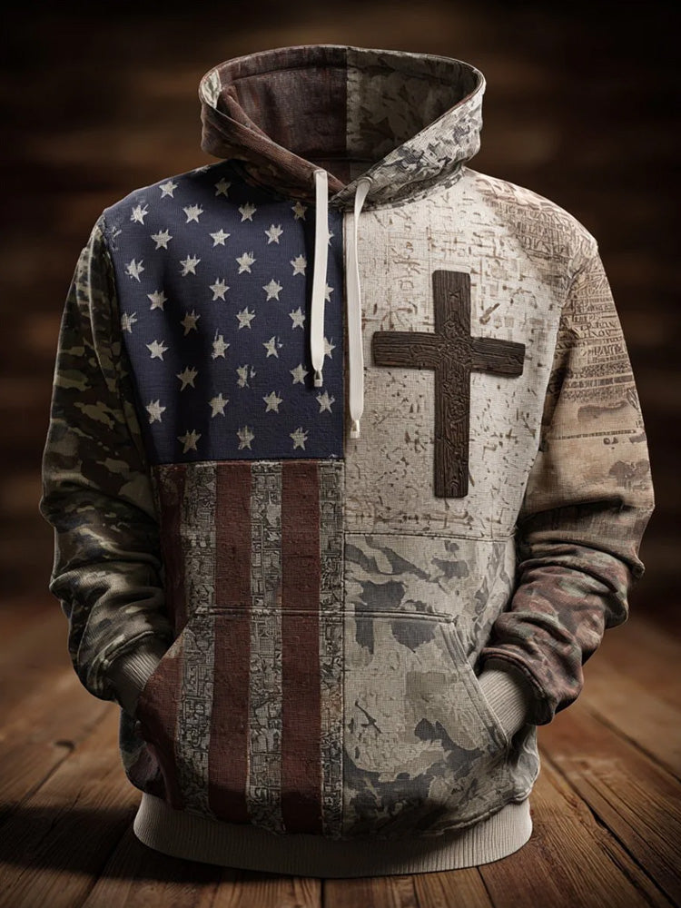 Men's Vintage Casual American Flag Cross Faith Hoodie