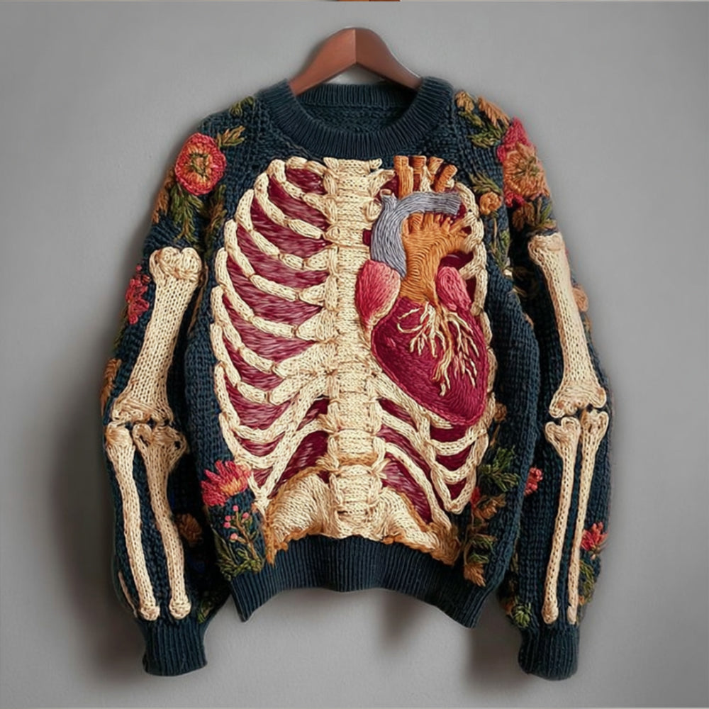 Vintage Halloween Human Anatomy Art And Floral Round Neck Sweater
