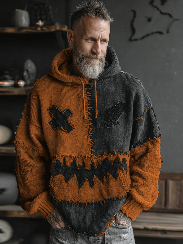 Men's Halloween Spooky Face Colorblock Stitched Hooded Cozy Knit Sweater