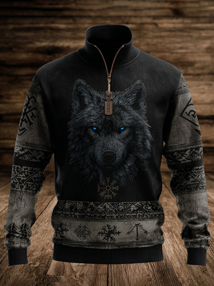 Men's Retro Viking Rune And Wolf Pattern Casual Hoodie
